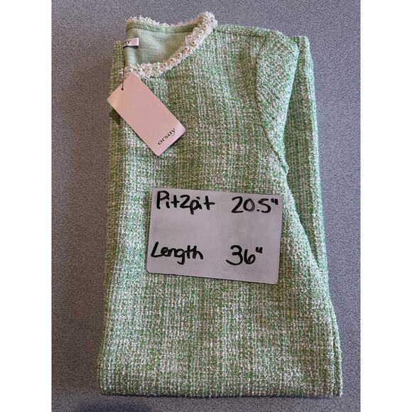 Orsay NWT Sz L Green Metallic Tweed Boucle Dress Pearl Neck & Cuff Royal Duchess - Picture 8 of 16